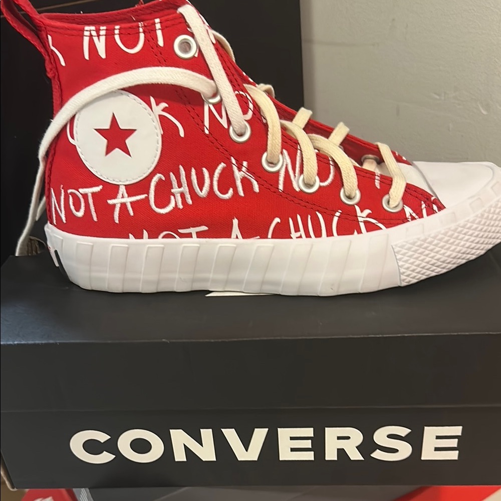 Converse Red and White High-Tops with Text Design